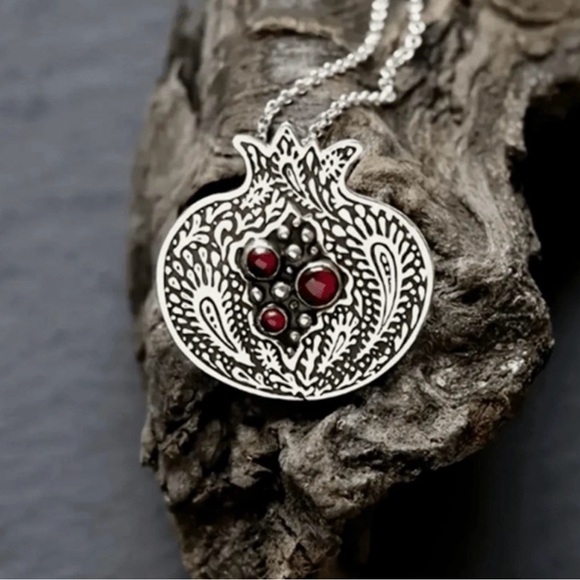 Bohemian Vintage inspired Pomegranate Pendant Necklace Silver Tone Red S… - Picture 2 of 5